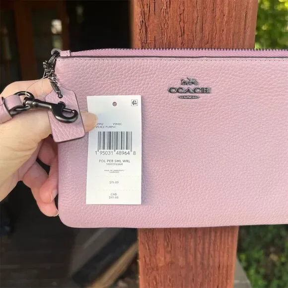 COACH Women's Pebble Leather Wristlet Wallet in Purple Ice w Silver Hardware NWT - Picture 8 of 11